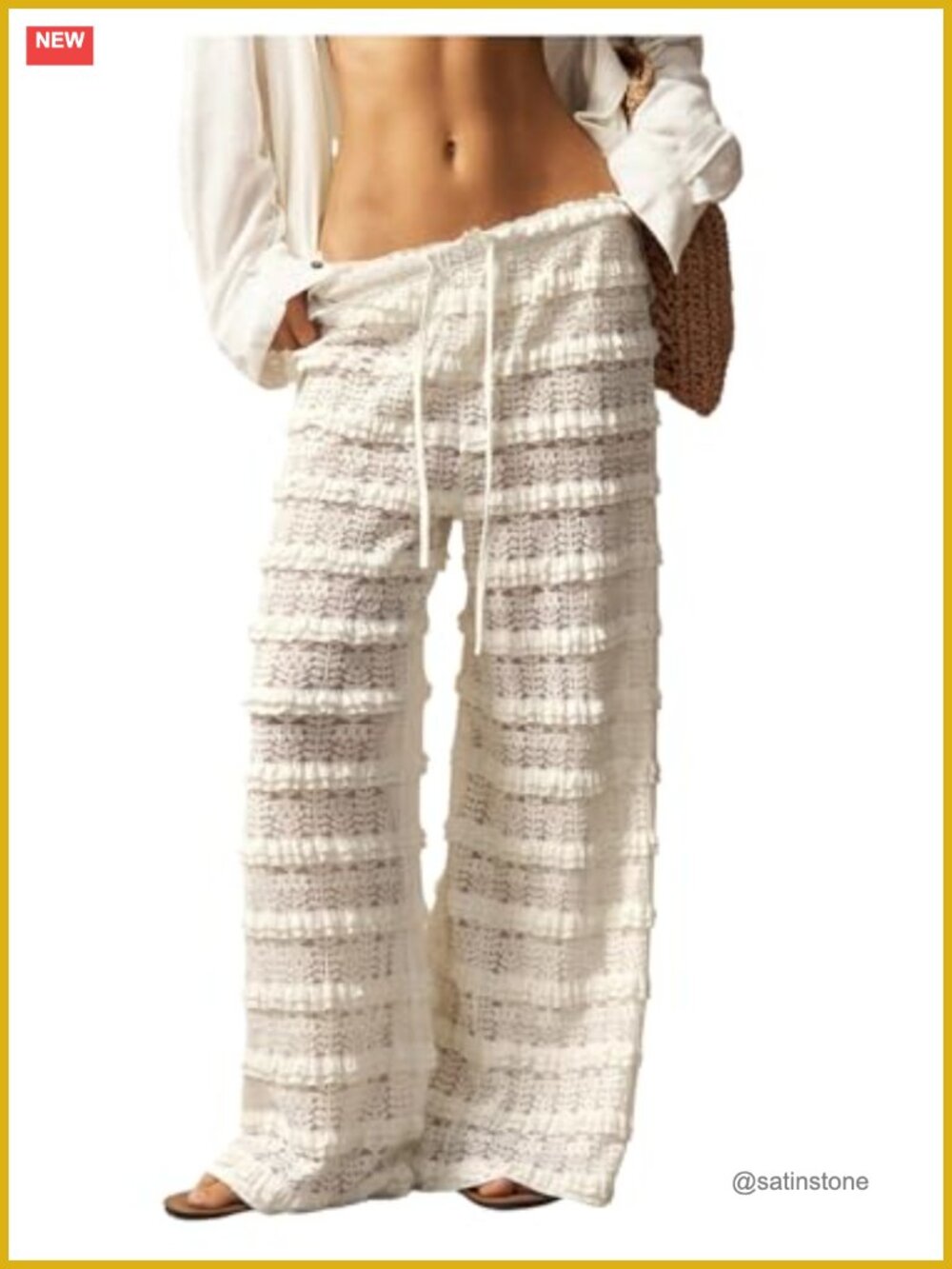 Crochet Lace Pants Ruffle Layered Elastic Waist Mesh Beach Cover Up Wide Leg